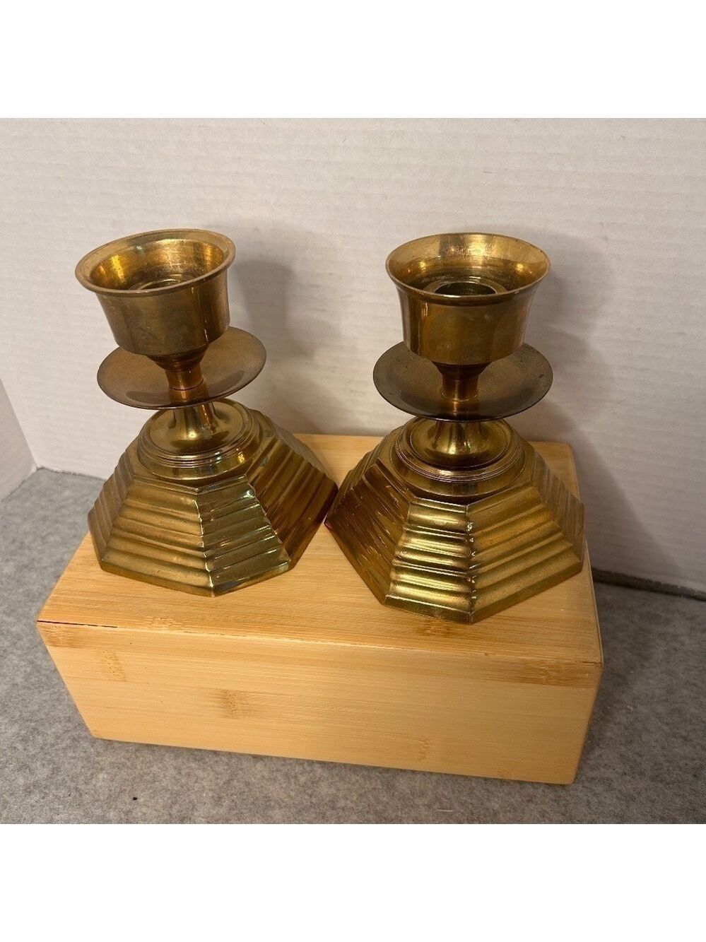 Vintage MCM Solid Brass Candleholders Octagon Set Of 2 Made In India 4-3/4x5”